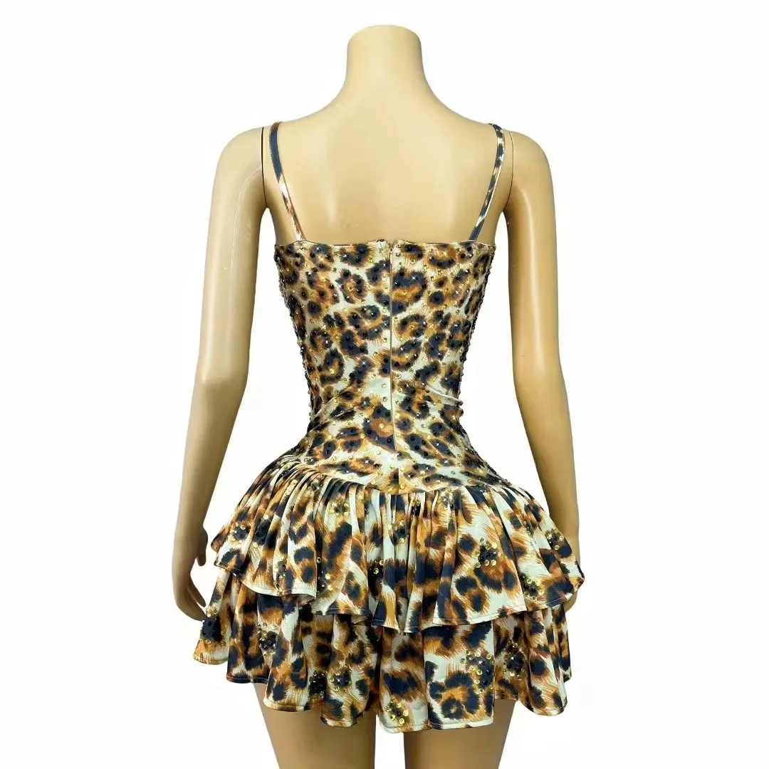 Sexy Minikleid Leopard Kristall Sling Club Nacht Frauen Sänger Bar Bühne Leistung Kostüm Geburtstag Party Zeigen Kurze Kleider
