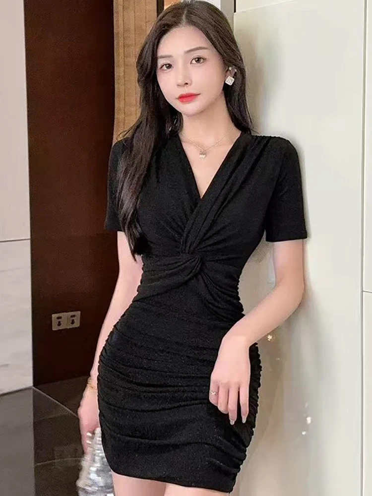 2025 rosa plissado bodycon manga curta com decote em v sexy mini vestido feminino elegante hip wrap vestido de verão coreano vintage festival vestido