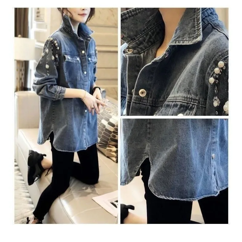 Spring Autumn New Retro Solid Color Distressed Denim Women's Loose Korean Versatile Square Neck Beading Long Sleeve Button Coat