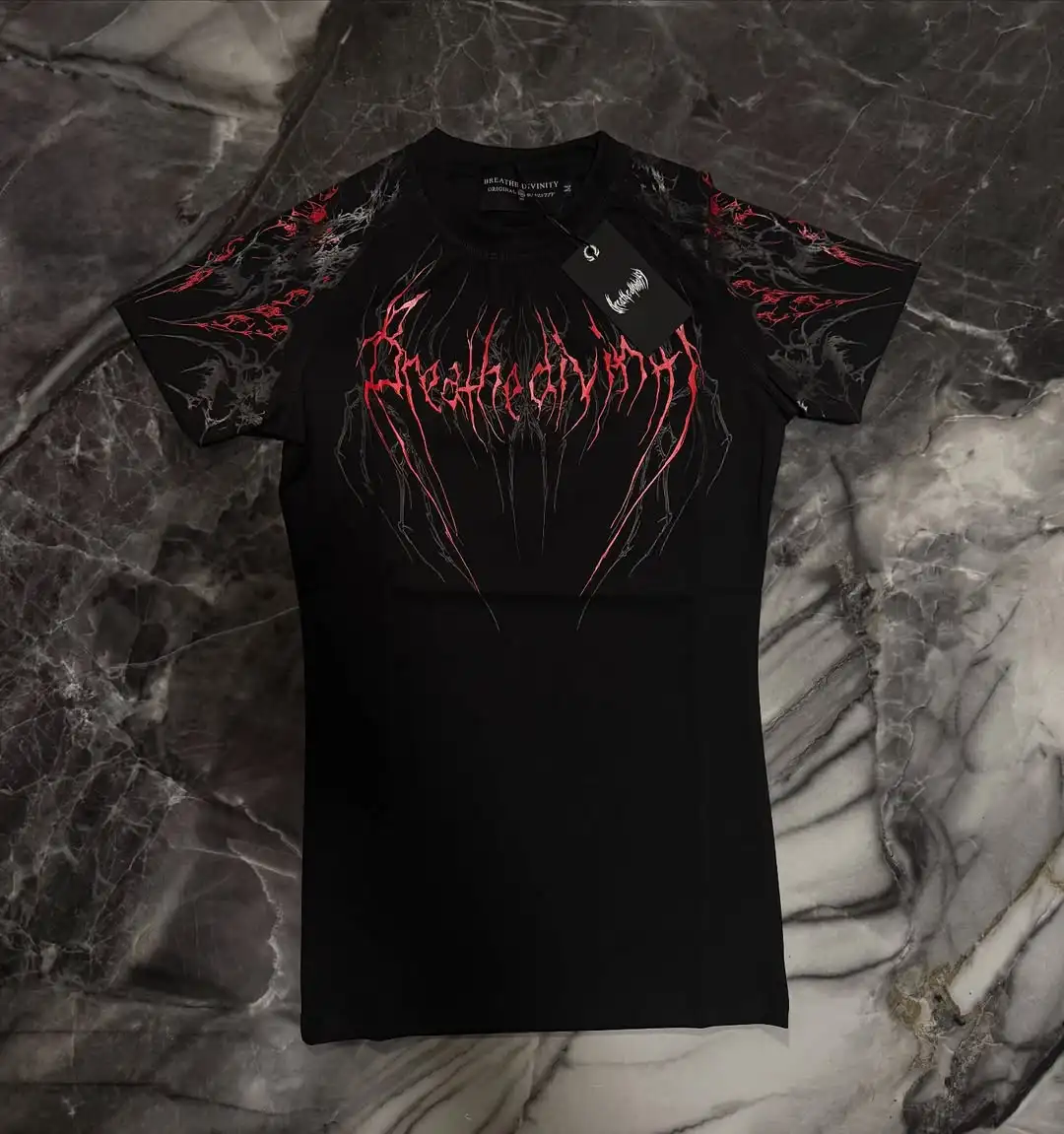 

2025 New Breathedivinity Compress Shirt Red Gothic Pattern Fitness Summer Breathable Quick Dry Men Gym Sportswear Trendy Tee