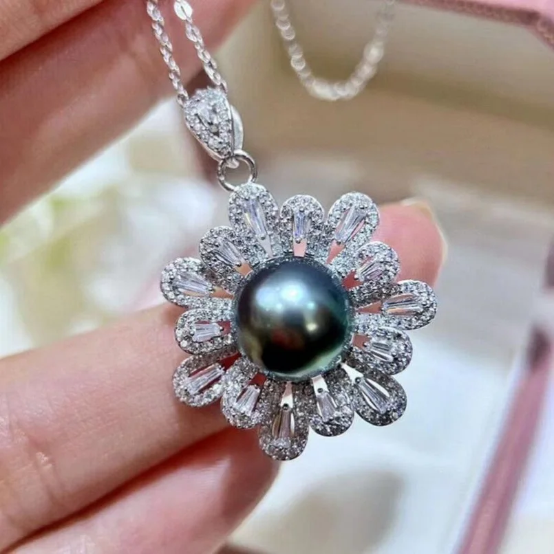 Hot selling AAAAA 9-10mm South China Sea genuine black circular pearl pendant necklace 925S