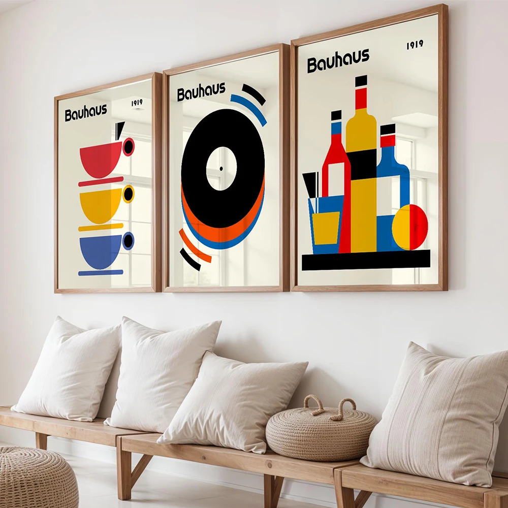 Set of 3 Bauhaus Kitchen Poster, Modern Geometric Wall Art, Minimalist Bauhaus Prints, Mid Century Home Bar Wall Art Decor