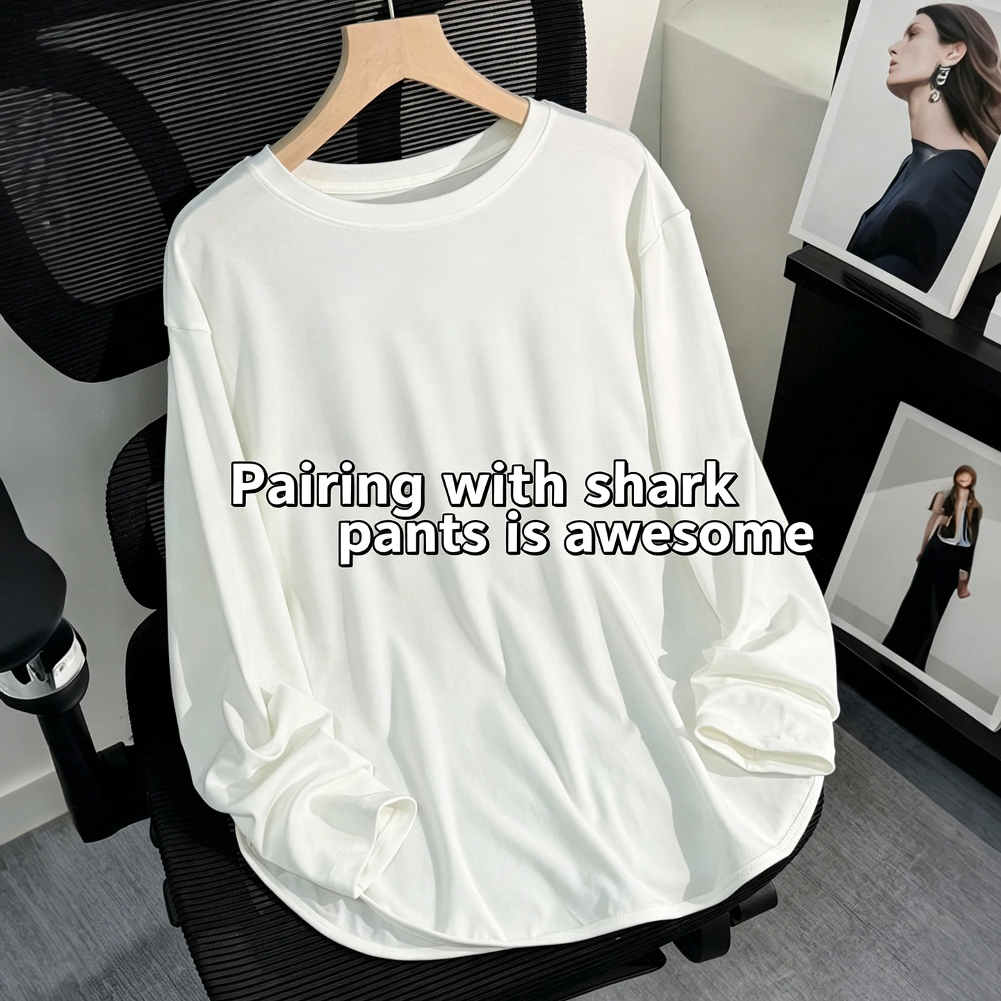 

Lyocell Stretch Plus Size Long Sleeve T-shirt for Women, Crew Neck with Curved Side Slit, Loose Top, Spring & Autumn, Match with