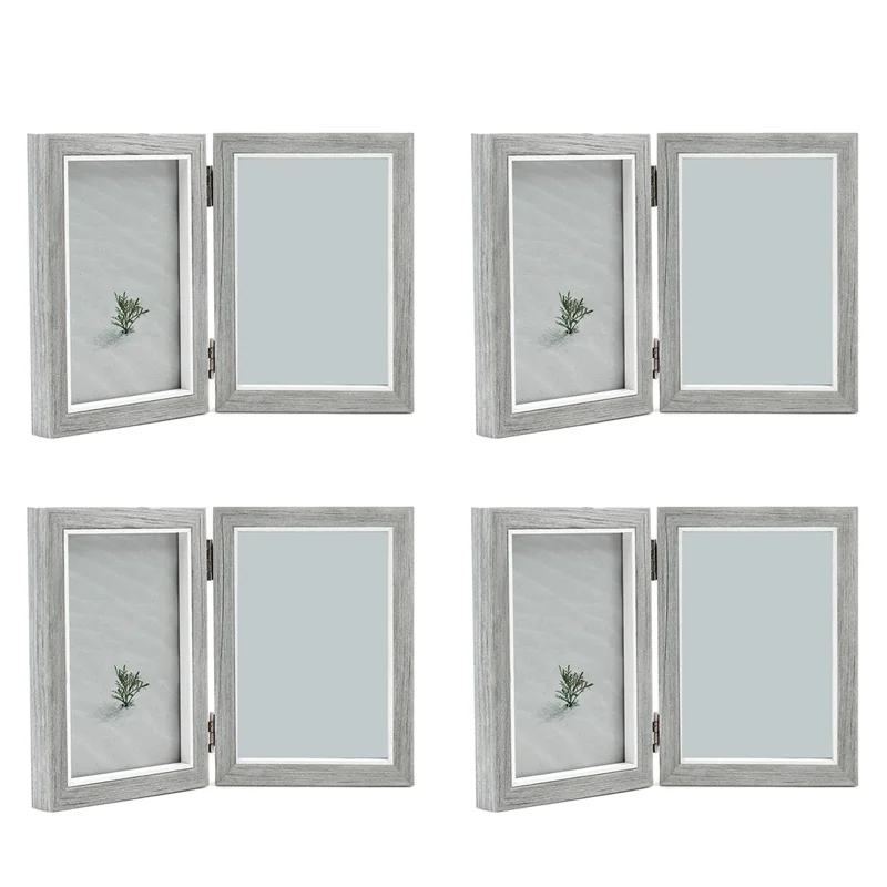 KYCOR-4X Double Picture Frame 4X6in Rustic Grey Photo Frames Wooden Hinged Folding,Wedding Gifts,Mother's Father's Day Present