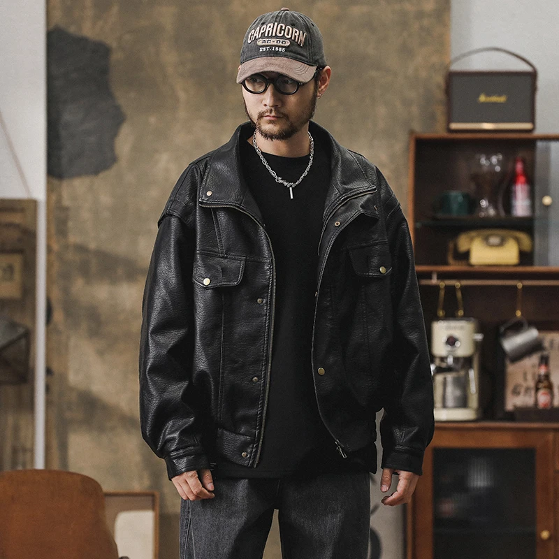 Japanese vintage leather coat male spring and autumn American leather jacket loose motorcycle suit