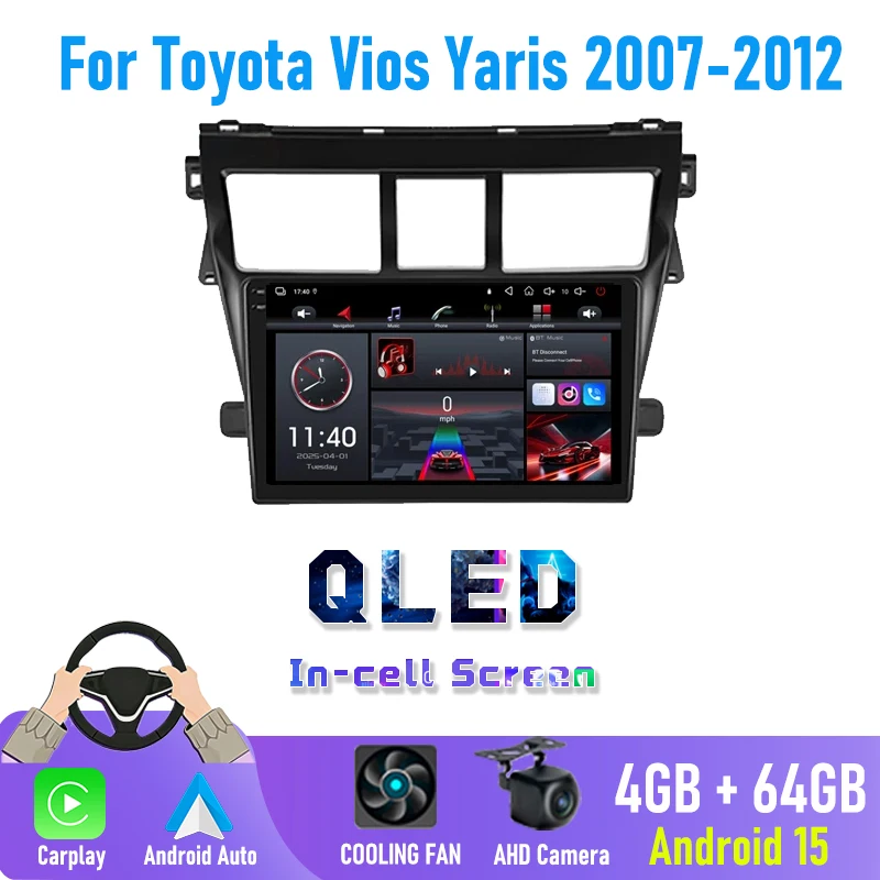 2 din Android 14 Auto Stereo Car radio For Toyota VIOS Yaris 2007-2012 Multimedia Carplay Autoraido GPS navigation