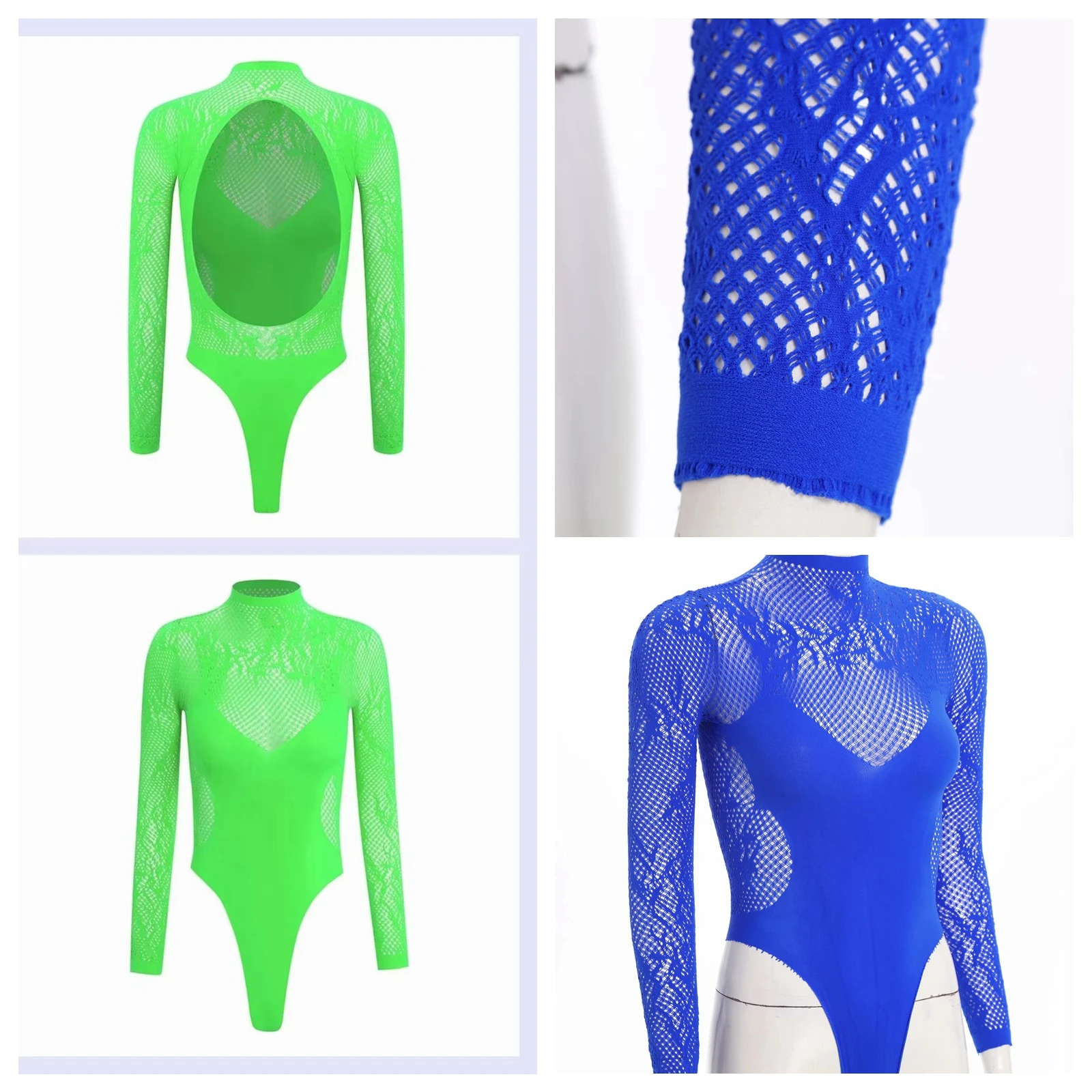 

High Cut Leotard Women's See Through Fishnet Bodysuits Long Sleeve Cut Out Bodysuit Adults One Piece Clubwear Bathing Suit