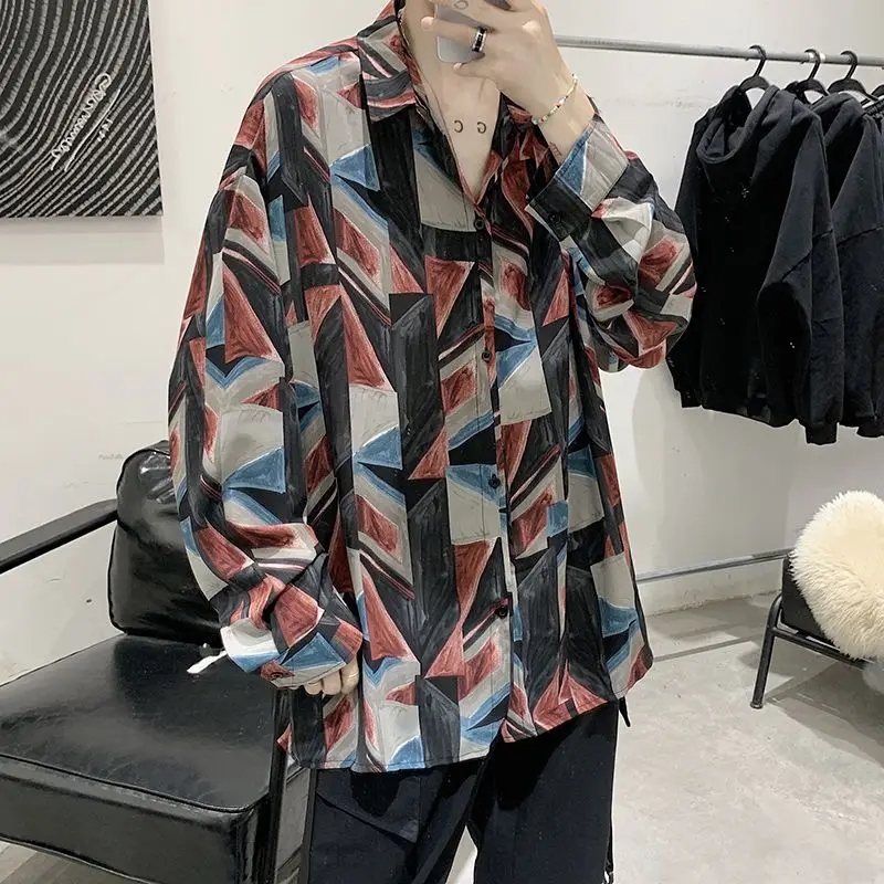 Spring Autumn New Turn-down Collar Fashion Long Sleeve Shirt Man High Street Casual Loose Button Cardigan Printing Y2K Tops