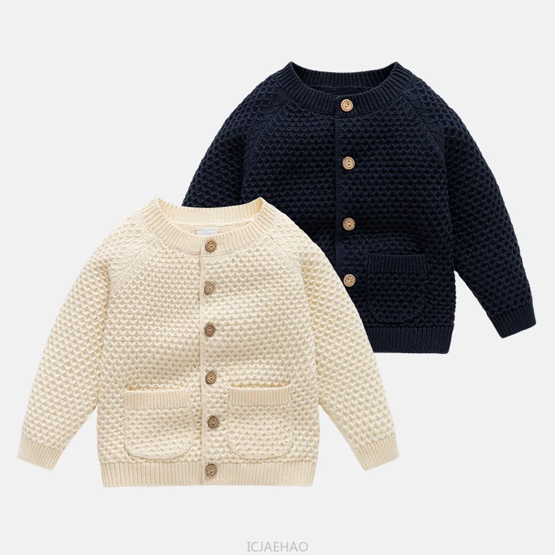 2025 Boys Knit Sweater Children Jacket Round Neck Cardigan Baby Kids Casual Outfit Simple Style Matching Autumn Winter Costumes