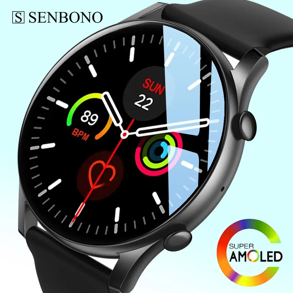 SENBONO 2023 AMOLED Astuto Della Vigilanza BP Monitor di Salute Risposta Fare Chiamata Orologio Sempre In Visualizzazione Smartwatch Impermeabile