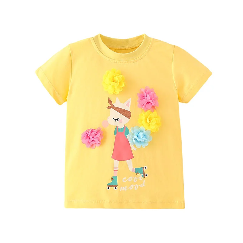 Jumping Meters Flower Applique Kids Tees 3-8T Summer Fashion Design Girls Tshirts Baby Clothes Children's Tops Hot Selling