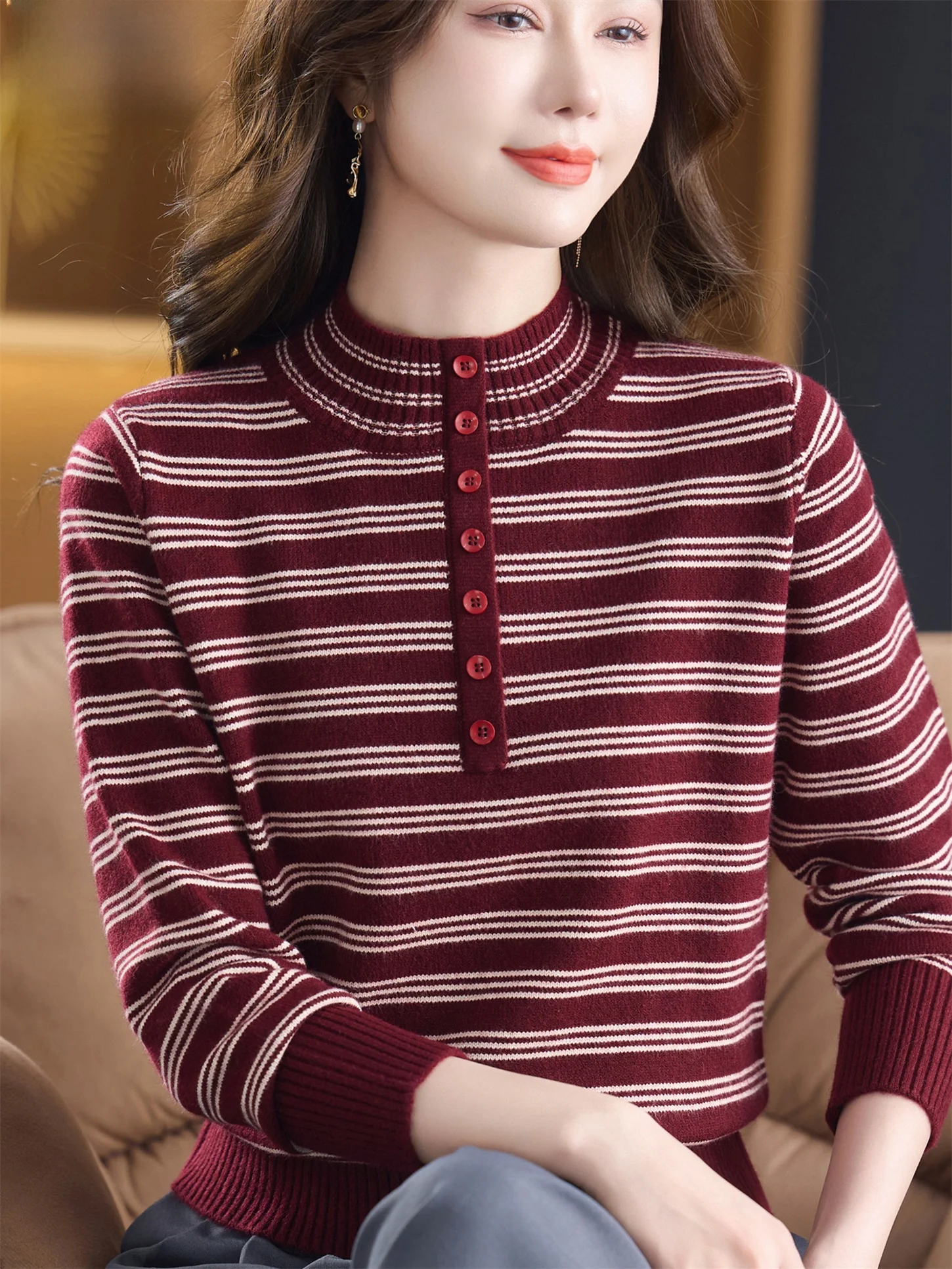 

Warm Knitted Long Sve f High Collar Striped Buttoned Sweater Base Layer Top for Mom Autumn Winter Faion ly Women