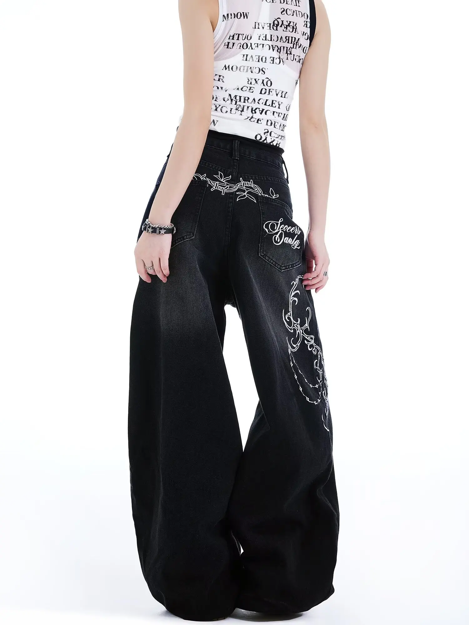 Street Retro American Line Pattern Casual Jeans Women 2025 New Fashion High Waist Loose Wide-leg Jeans Black Y2K Jeans