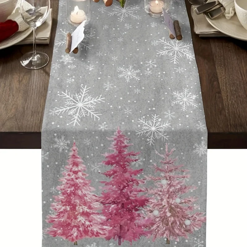 VIKAMA Grey Pink Christmas Tree Snowflake Table Runner, Linen Texture Washable Table Scarf Winter Xmas Dining Table Decor