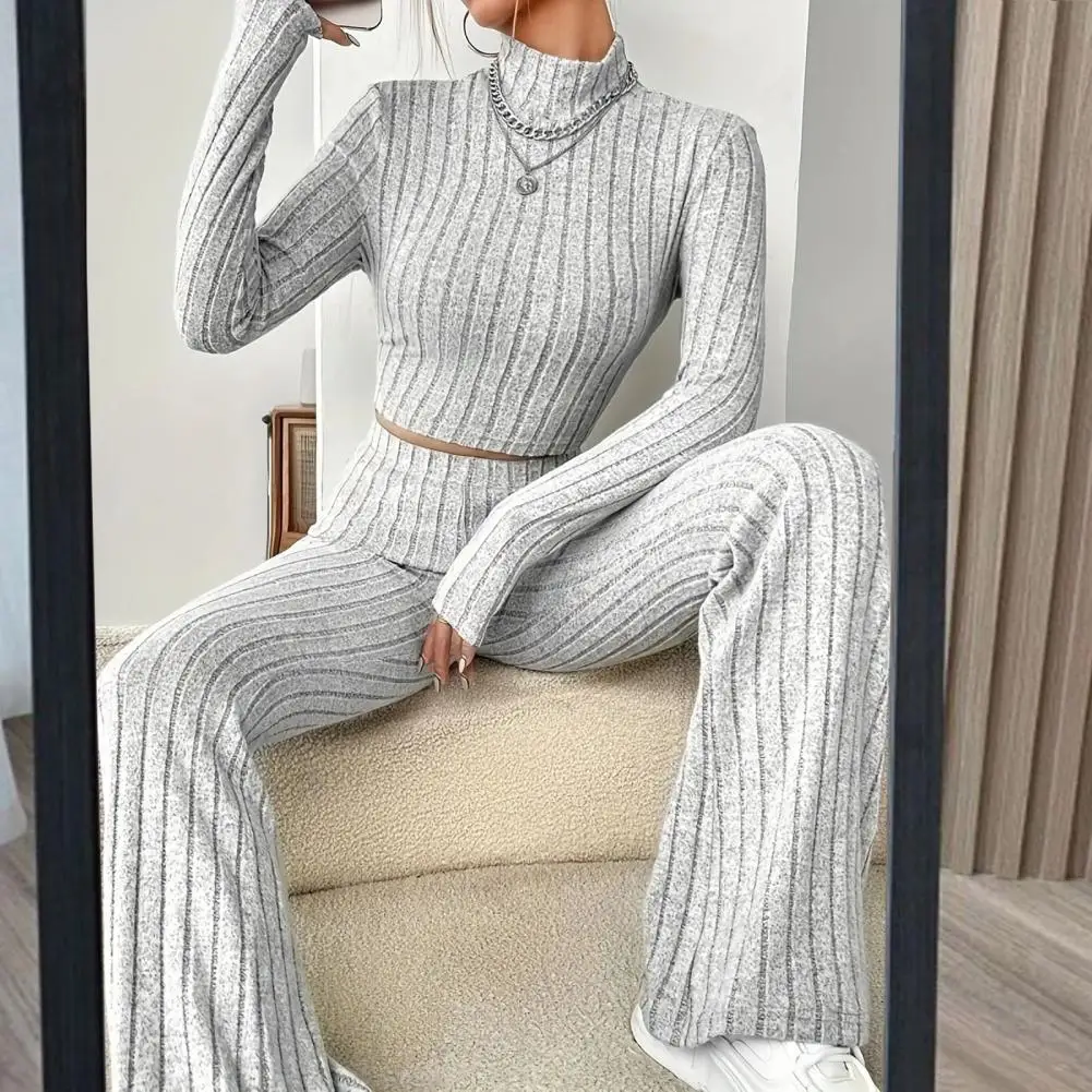 

2 Pcs/Set Fall Winter Women Top Pants Set Half-high Collar Long Sleeves Slim Fit Sweatshirt High Waist Solid Color Striped Trous