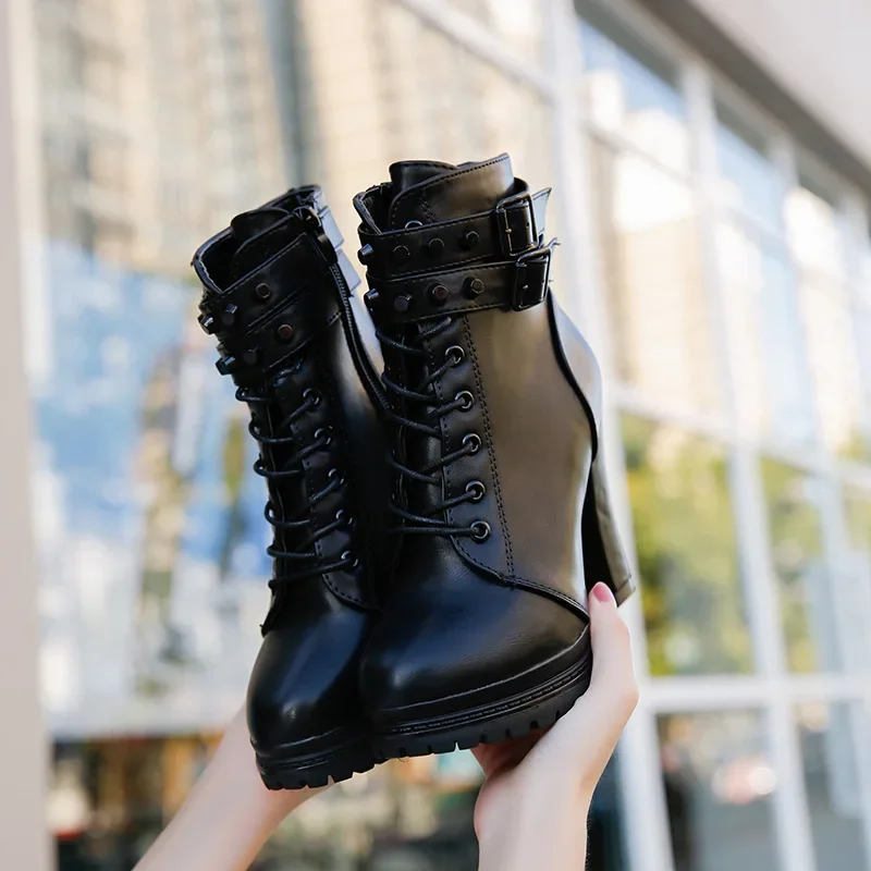 Women Platform Ankle Boots High Heels 2023 Winter Fashion Red Shoes Woman Round Toe Lace-Up Studded Leather Boots Ladies Shoe