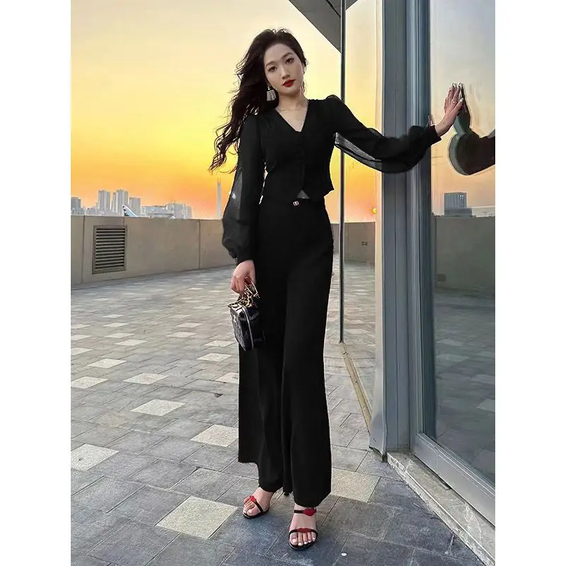 Spring and summer Korean version new popular women's fashion shirt top+wide leg pants two-piece set trendy