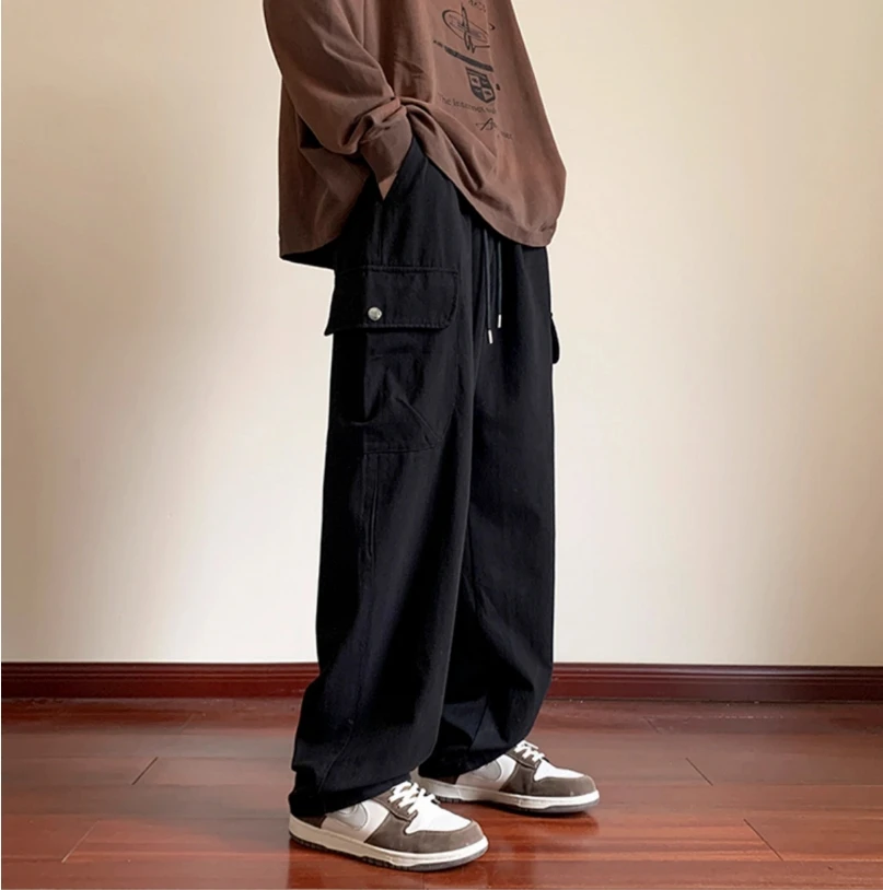 2024 knit solid brown overalls men's street fashion loose wide-leg casual moped pants