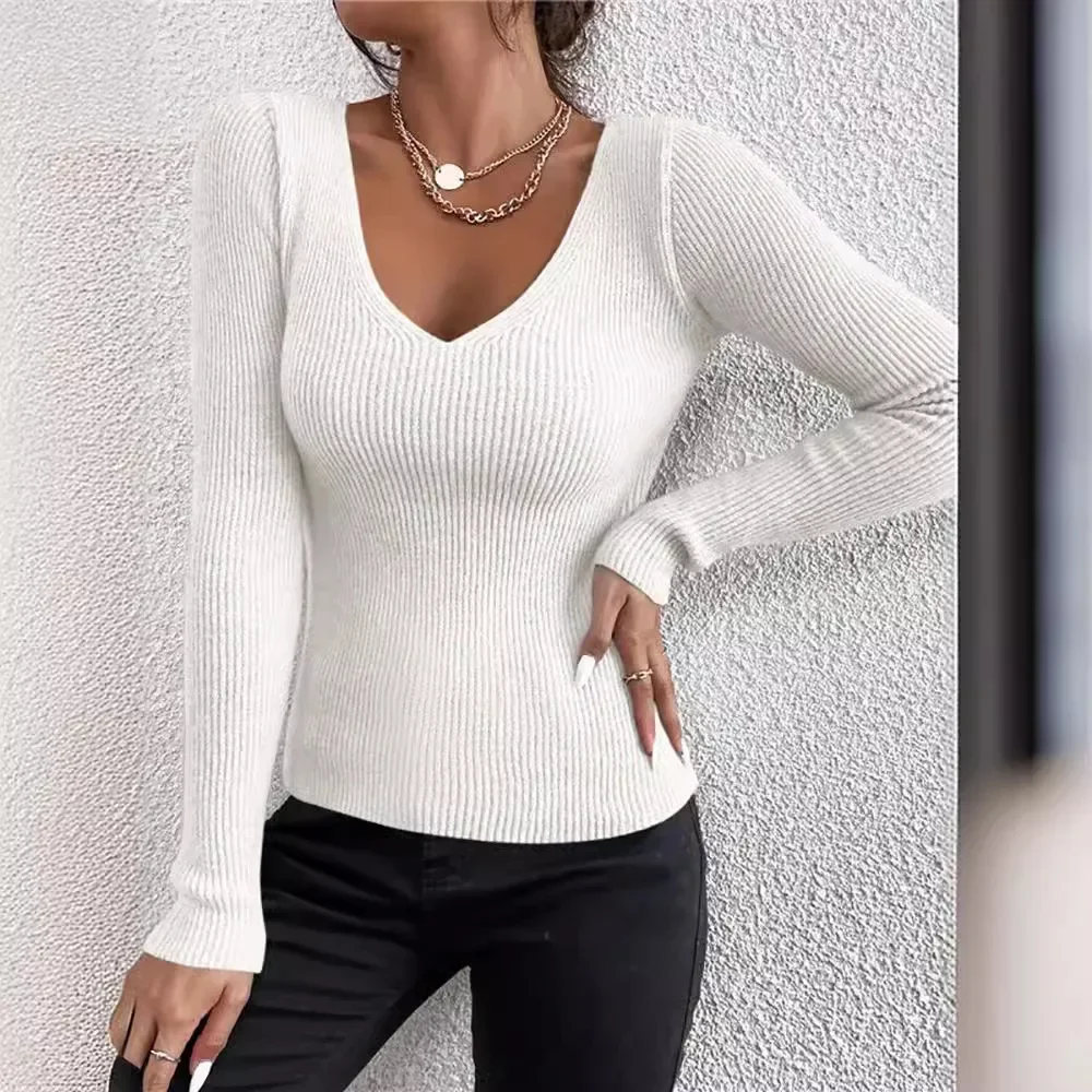 2024 Autumn New Knit Stripe V-Neck Long Sleeve Pullovers Slims You And Smooths Your Silhouette Women's Sexy Base Layer Top