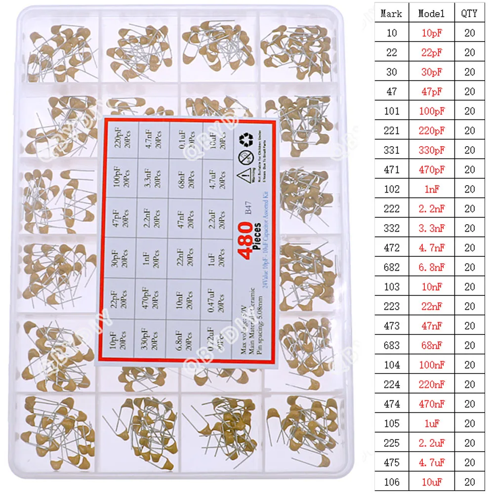 50V Multilayer ceramic capacitor Mixed kit Box 101 102 103 104 105 10pF 22pF 47pF 68pF 200pF 1nF 10nF 100nF 0.1uF 1uF 4.7uF 10uF