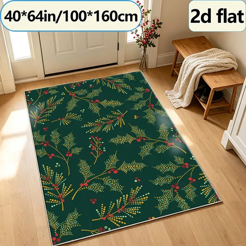 Christmas Holly Plant Pattern Carpet, Holiday Season Carpet, Suitable for Living Room, Bedroom, and Home Floor Decoration