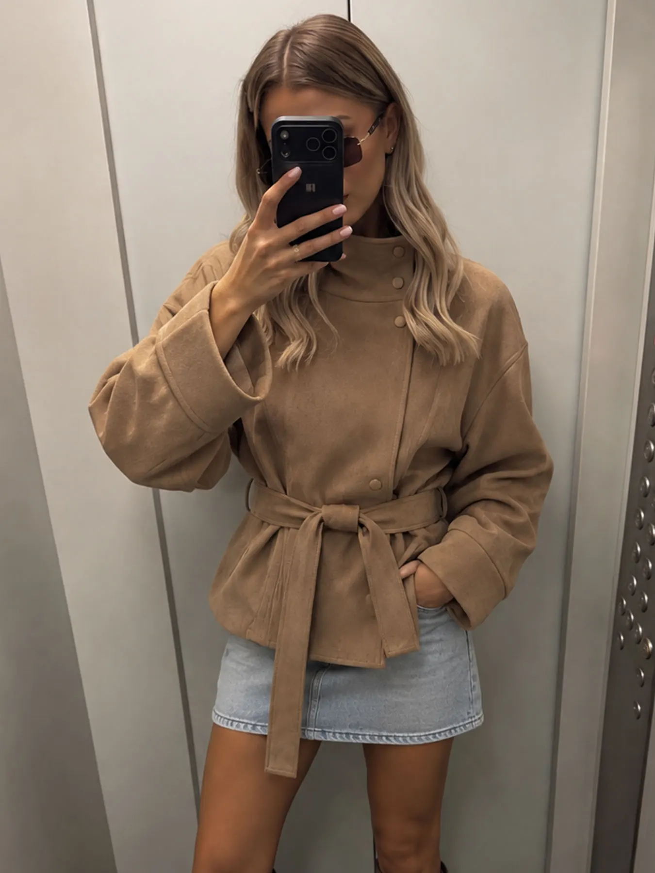 Womens Retro Autumn Vacation Short Coat Stand Neck Asymmetrical Button Belt Long Sleeve Jacket Causal Autumn Solid Loose Coat
