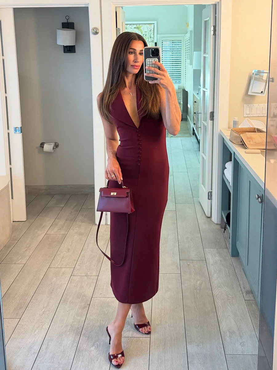 

Solid Elegant Slim Halter Dress Women V Neck Sleeveless Buttons Backless Split Midi Dresses Summer Sexy Fashion Party Vestidos
