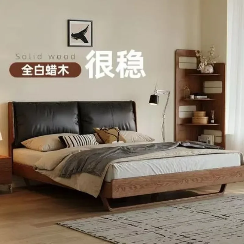 For 1.8m Double Bed Antique Retro Solid Ash Wood Floating Bed with Soft Leather Headboard Square Edge Design for Master