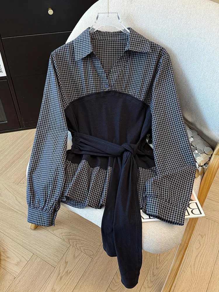 

2026 New Korean Style Plaid Shirt Women's Spring Fashion Design Waist-Cinching Inner Wear Top Trendy Collar Long Sleeve