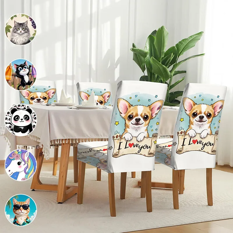 Elastic dining chair cover, cute puppy animal pattern, removable and washable machine washable household dining chair cover