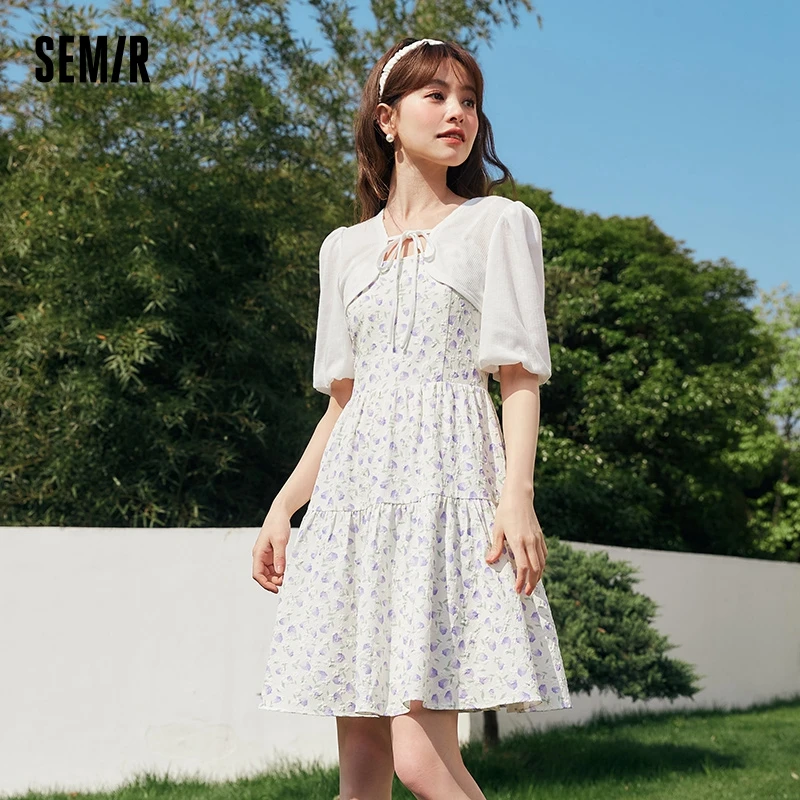 Semir Dress Women Halter Chiffon Floral Dress Waffle Short Cardigan 2024 New Summer French