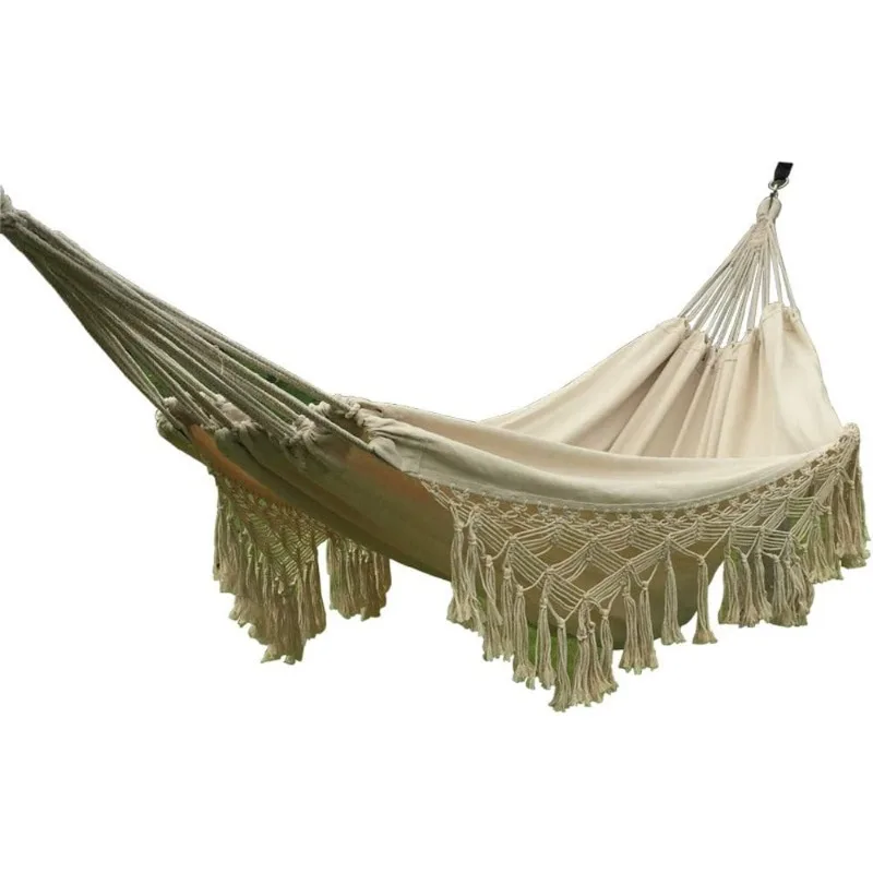 

Handmade Cotton Woven Balcony Hammock Hanging Rope Chair Porch Swing with Crochet Fringe for Backyard Patio Garden Outdoor