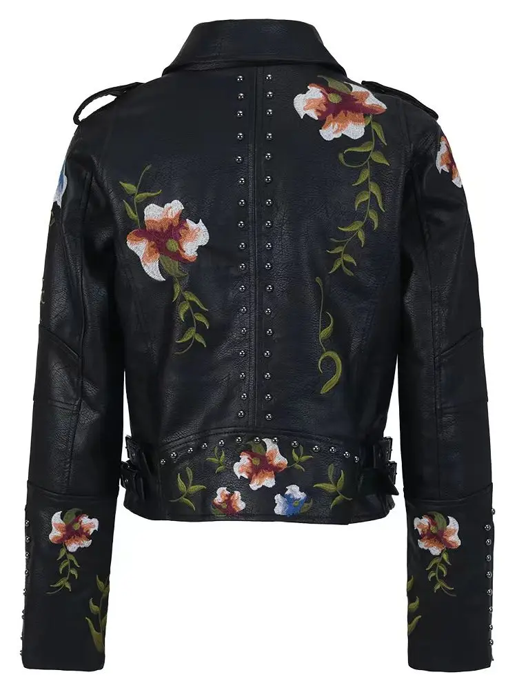 2025 Fashion Women Vintage Floral Embroidery Rivet Faux Leather Jackets Ladies PU Motor Black Voilet Beige Punk Streetwear Coats