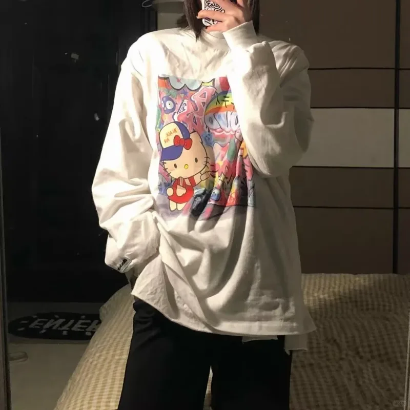 

White Spring Autumn New Pure Cotton Hello Kitty Fun Printed Long Sleeved T Shirts Women Loose Y2k Top Harajuku Oversized T Shirt