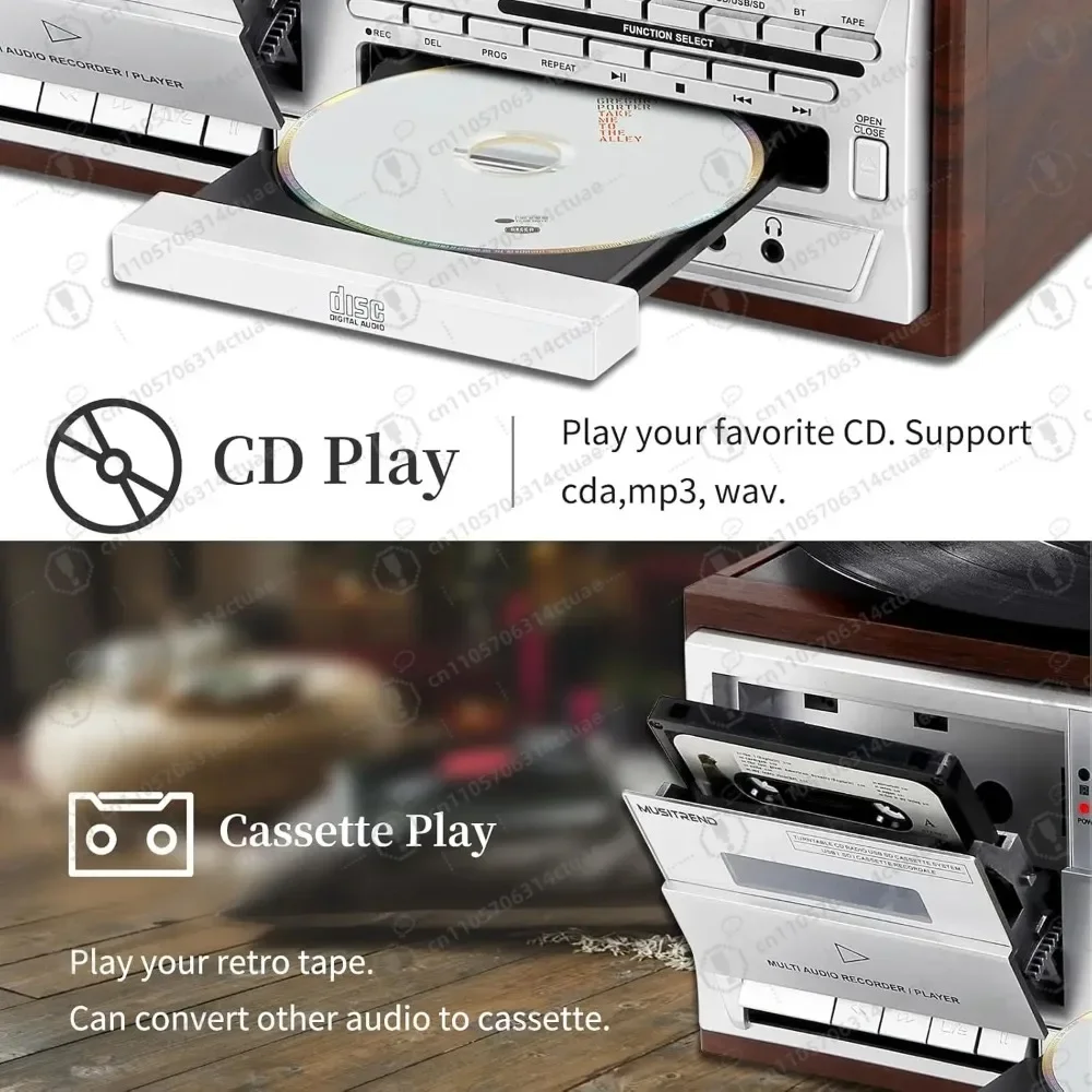 9-in-1 Vintage Bluetooth Turntable Vinyl Record Player CD Cassette Radio USB SD Aux-in RCA Output