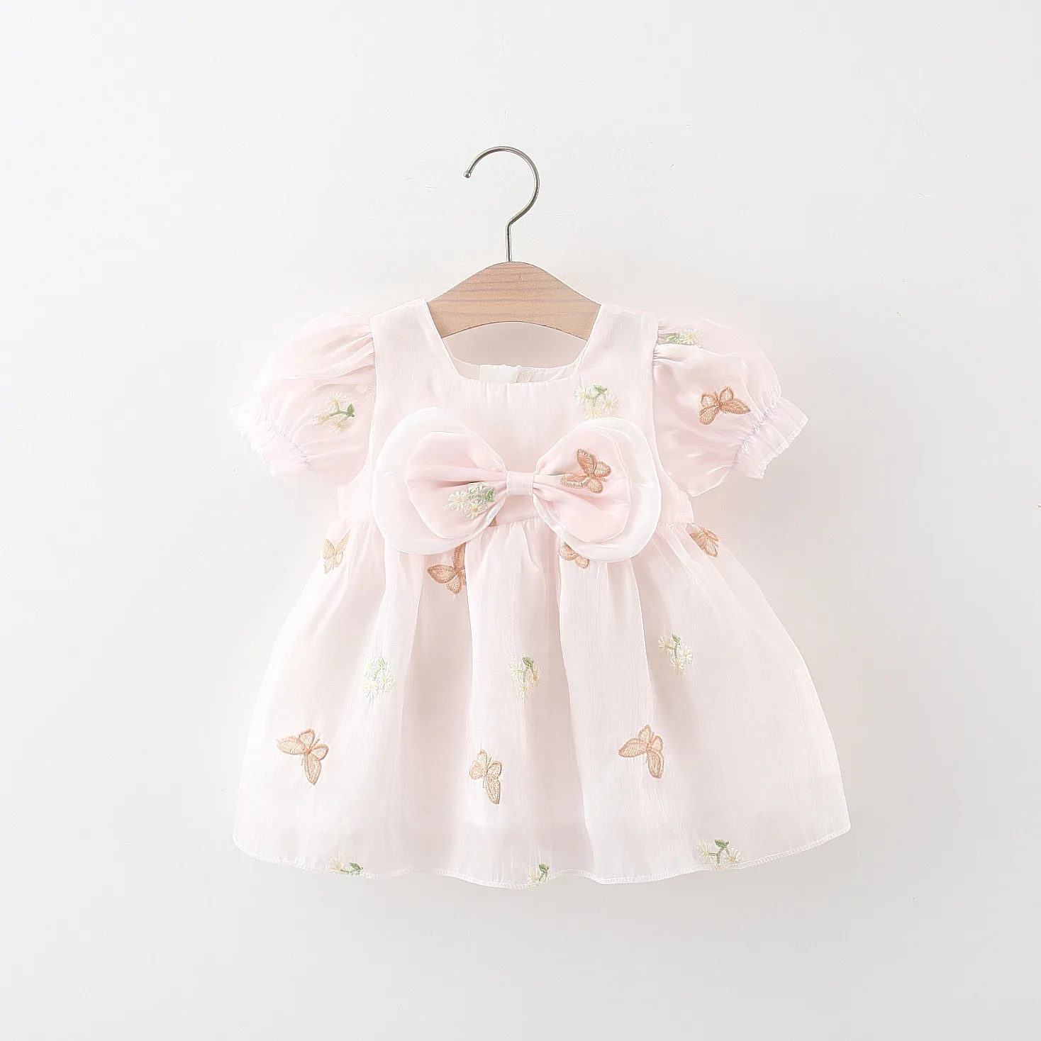 (0-3 Years Old) Summer Baby Girl Mesh Butterfly Embroidered Princess Dress Girl Bow Cute Short Sleeved Dress