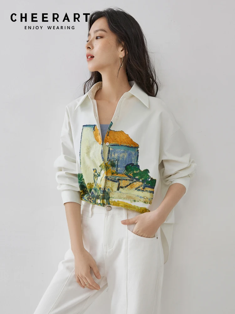 CHEERART Oil Painting White Button Up Shirts Long Sleeve Tops For Women 2023 Collar Shirts & Blouses Luxury Designer Clothing