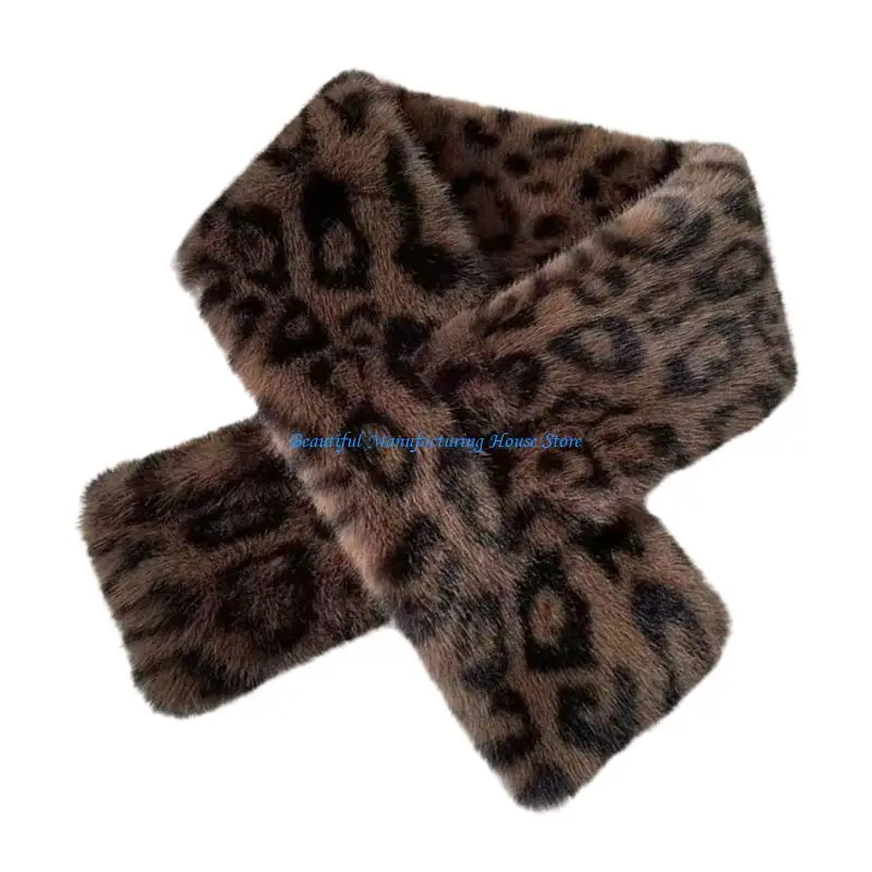 E56A Soft Faux Furs Scarf with Leopard Print Neck Warmers for Enhancing Winter Fashion and Providing Comfortable Warmth
