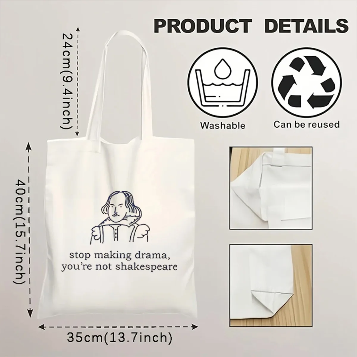 Literary Humor Canvas Tote Bag Funny Shakespeare Quote Print Reusable Shopping Bag Book Lover Gift