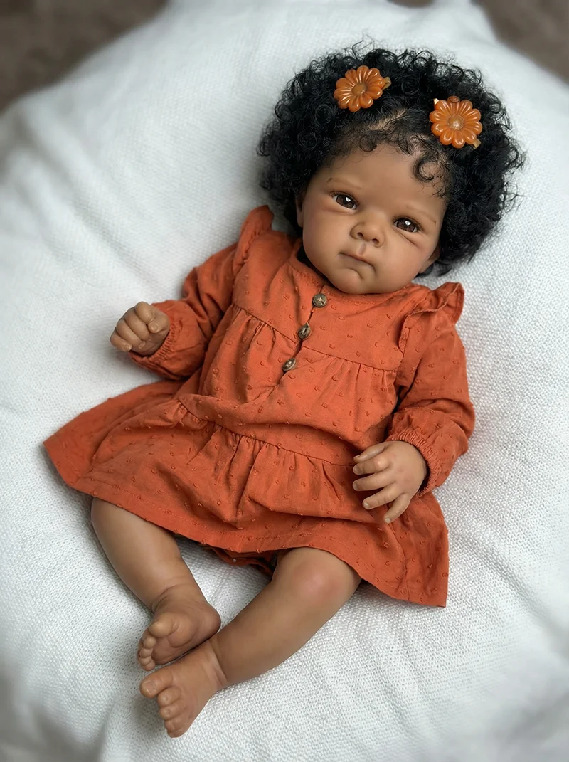 NPK 18'' Lifelike Soft Touch Cuddly Baby Reborn Bettie Hand Painting Dark Brown Skin with Visible Veins Rooted Black Curly Hair