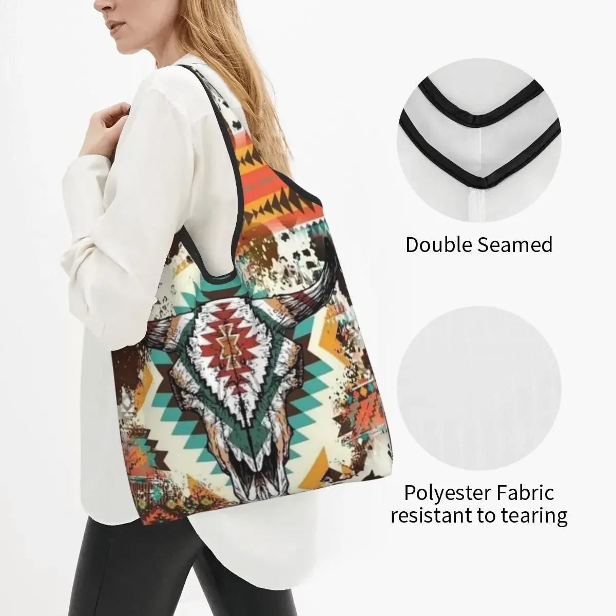 Aztec Cow Print Bull Skull Portable Tote Shopping Bags Large Capacity Shopper Bag Grocery Handbag Shoulder Bag