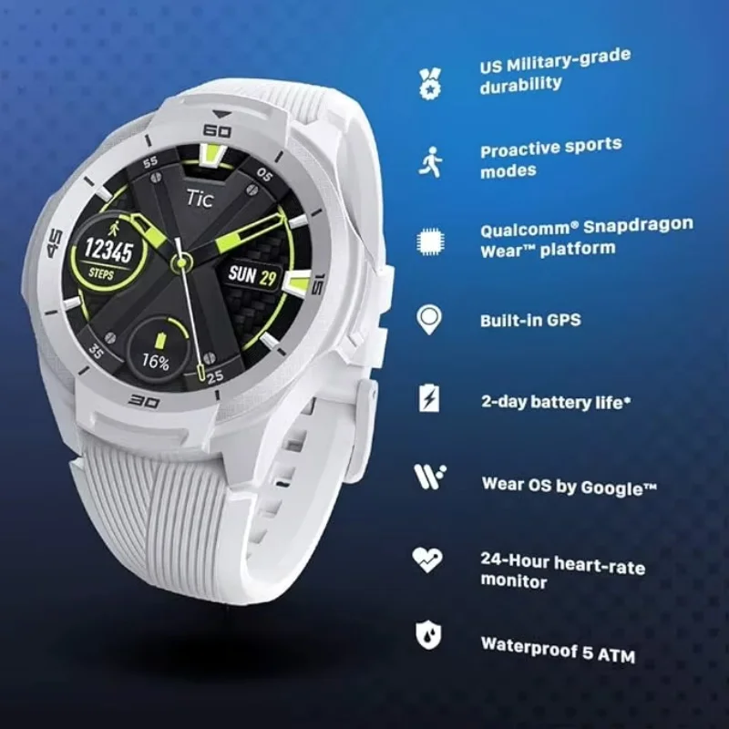 TicSmartwatch-S2 ارتداء نظام التشغيل من قبل جوجل ساعة ذكية ، المدمج في نظام تحديد المواقع ، على مدار 24 ساعة رصد معدل ضربات القلب ، 5ATM ، IP68 مقاوم للماء ، يصلح ل IOS و أندرويد