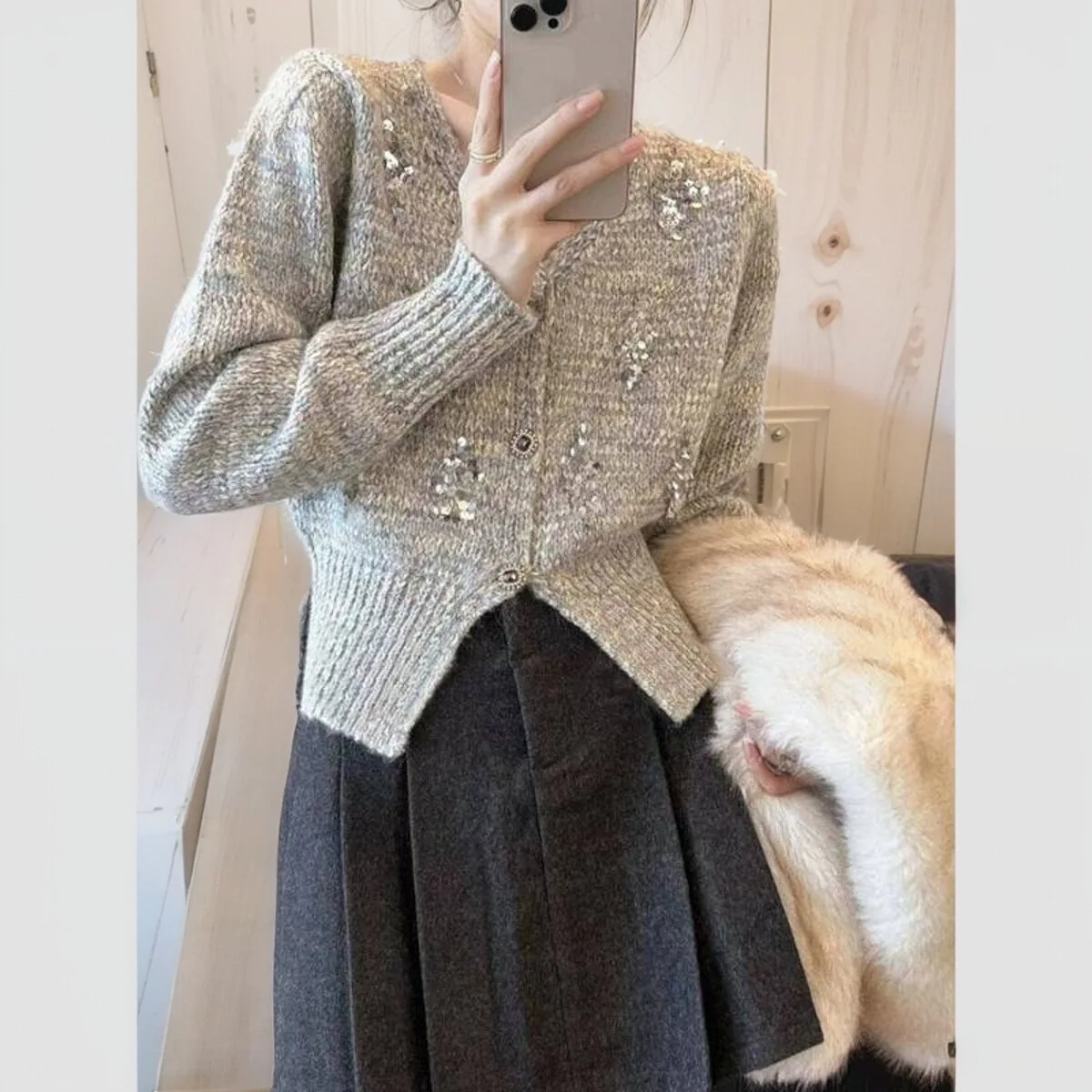 

Вязаный кардиган с v-образным вырезом и блестками, осень-зима, новый женский однобортный стиль, мягкий топ, серый облегающий короткий свитер, пальто