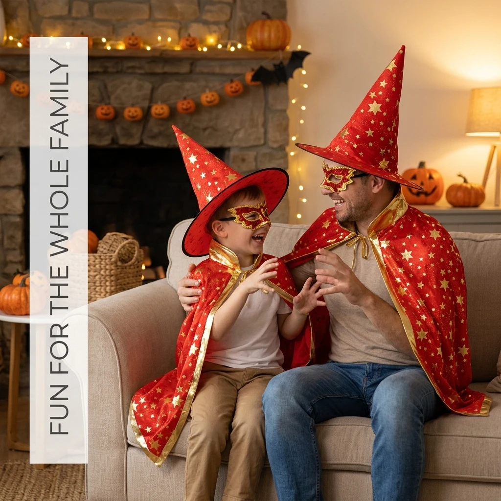 Halloween Wizard Cloak with Hat and Mask Set for Kids and Adults, Red Star Witch Cape Cosplay Costume for Performance Party, Parent-Child Outfits, 80cm and 120cm Length for Heights 90-180cm