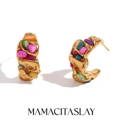 MamacitaSlay Sweet Moon Bump Tin Paper Surface Colored Stone Hoop earrings premium stainless steel jewelry Woman accesories