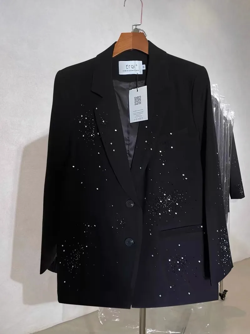 2024 Autumn Suit Coat Fashion Rhinestone Diamonds Black Suit Jacket Women\'s Shinning Blazer Coats Outwear Office Lady G623