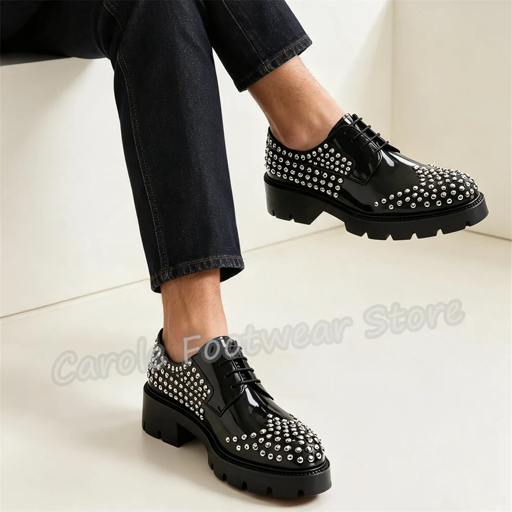 Male Black Genuine Leather Chunky Bottom Loafers Punk Rivet Lace-Up Casual Derby Shoes Male Party Business Dress Shoes