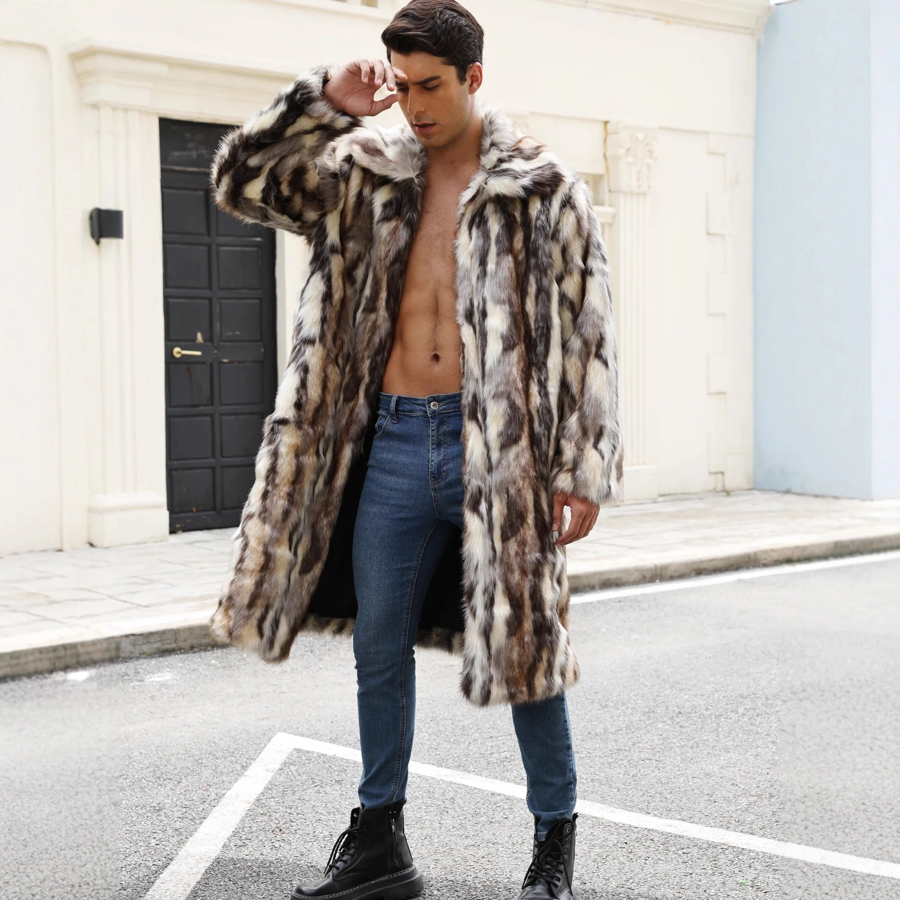 

American style New Fashion Men's Turn-down Collar Long Sleeve Color-coded Casual Trendy Loose Faux Fur Coats Male Clothes Top