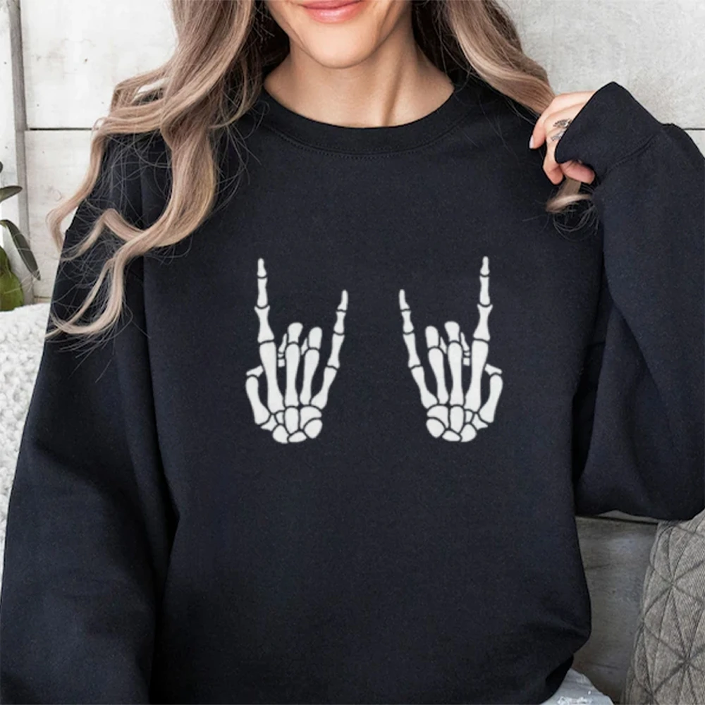 

Толстовки с рисунком Rock On Skeletal Hands, женские базовые толстовки Y2K, уличная одежда, свитер, повседневный свободный крой, унисекс, зима
