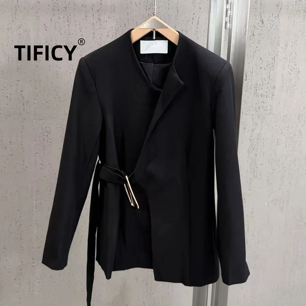 High Street Jackets Women's Autumn InsV Collar Suit with Metal Buckle Waistband Cinched Waist Commuter Style Elegant Suit Jacket